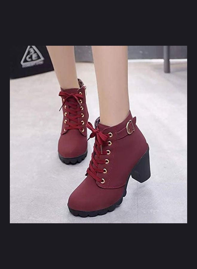 Textured Half Zipper Ankle Boots Maroon