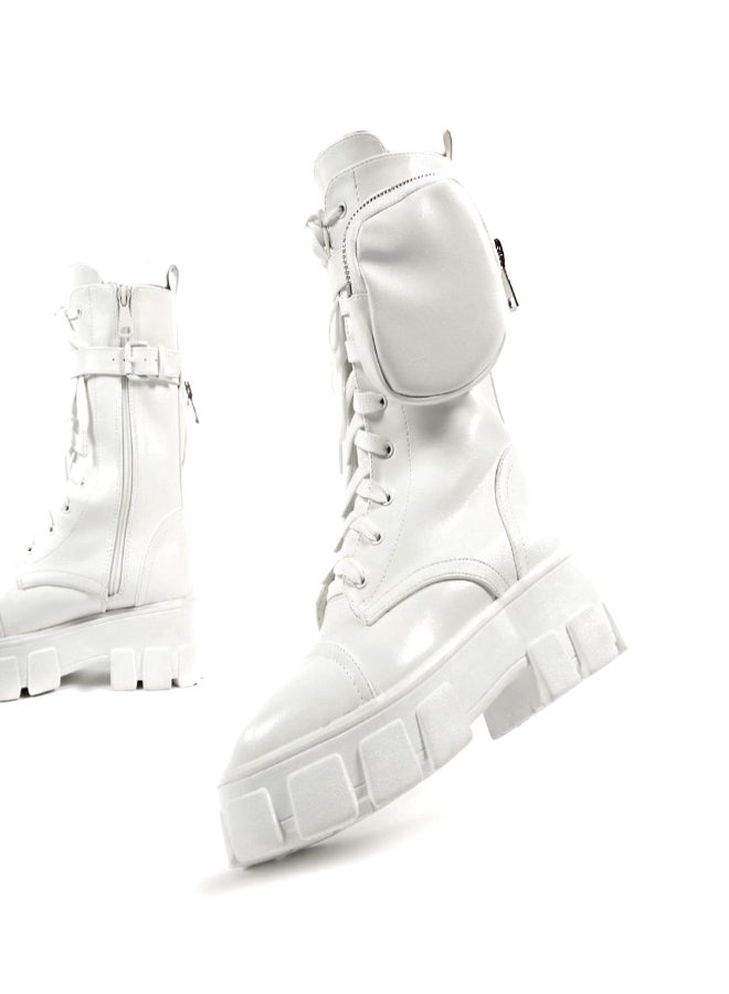 Wide Fit Chunky Pouch Martin Style Combat Ankle Boots White