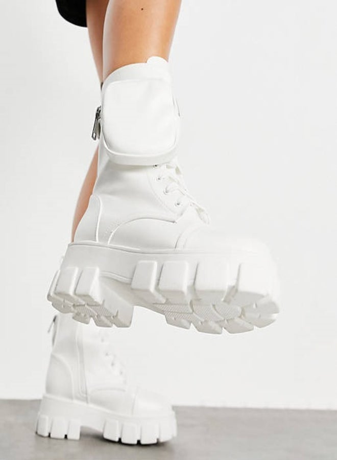 Wide Fit Chunky Pouch Martin Style Combat Ankle Boots White