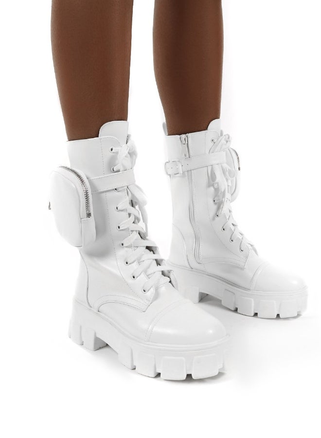 Wide Fit Chunky Pouch Martin Style Combat Ankle Boots White