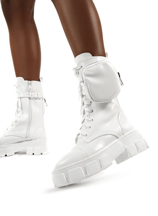 Wide Fit Chunky Pouch Martin Style Combat Ankle Boots White