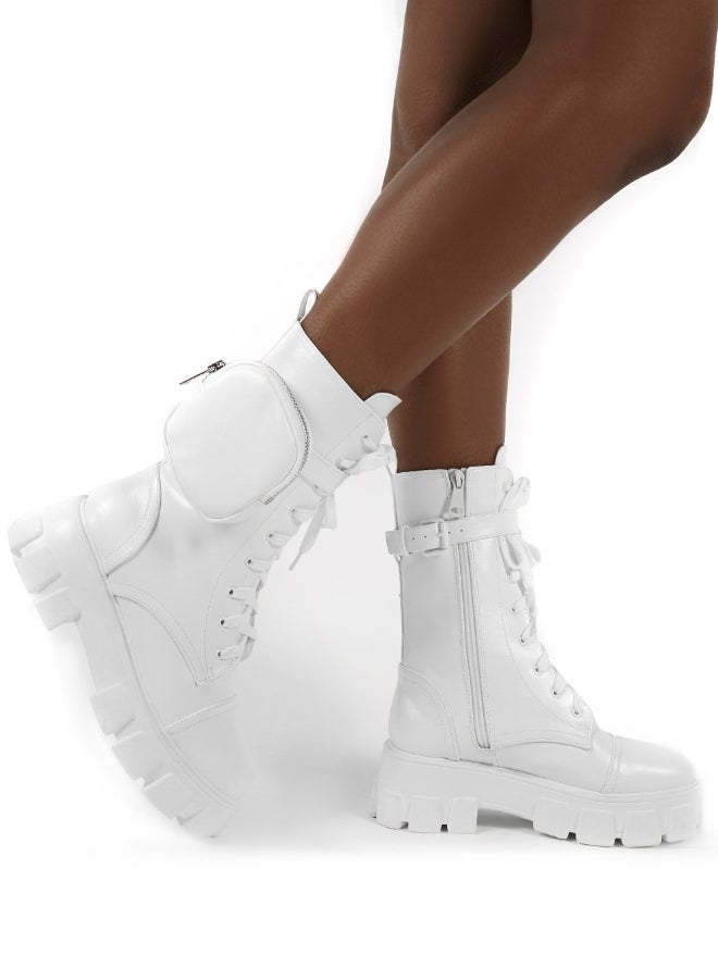 Wide Fit Chunky Pouch Martin Style Combat Ankle Boots White