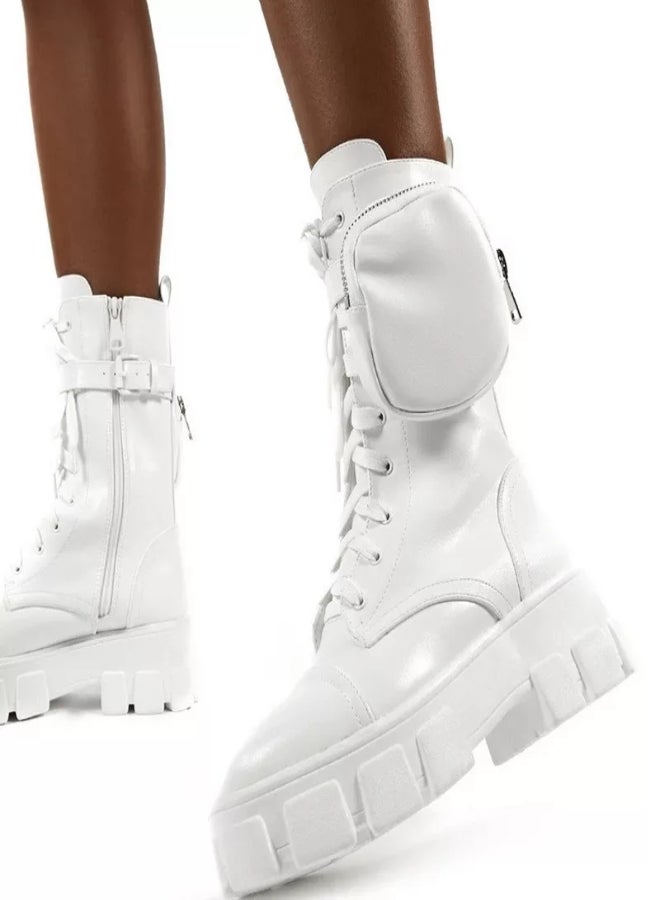 Wide Fit Chunky Pouch Martin Style Combat Ankle Boots White