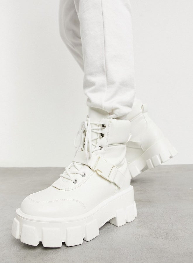 Wide Fit Chunky Pouch Martin Style Combat Ankle Boots White