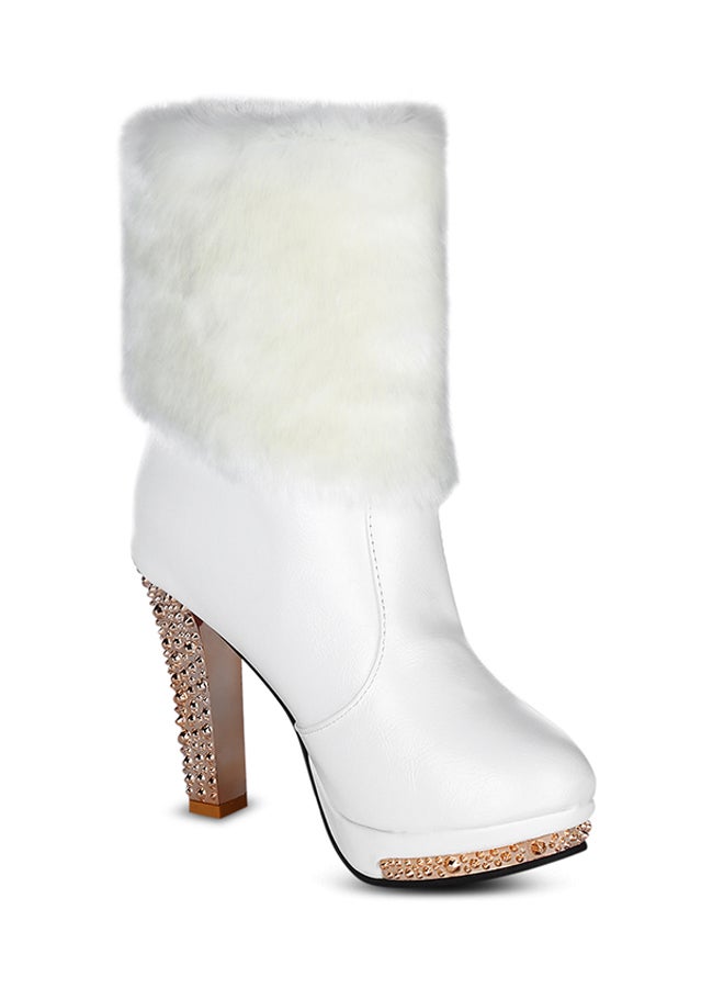 Crystal Studded Mid-Calf Boot White