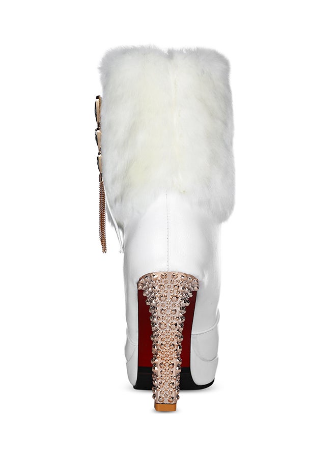 Crystal Studded Mid-Calf Boot White