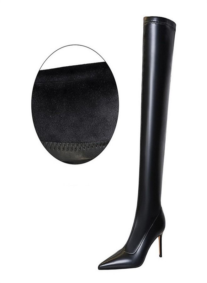 Plush Pointed Knee-Length Boots 8.5CM Black