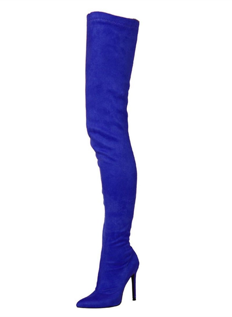 Suede Pointed Knee High Boots For Women Blue