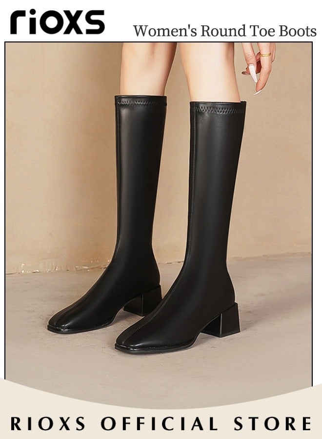 Women's Knee High Boots Fashion Solid Color Chunky Heel Boots for Women Square Round Toe Side Zipper Long Boots in Fall and Winter