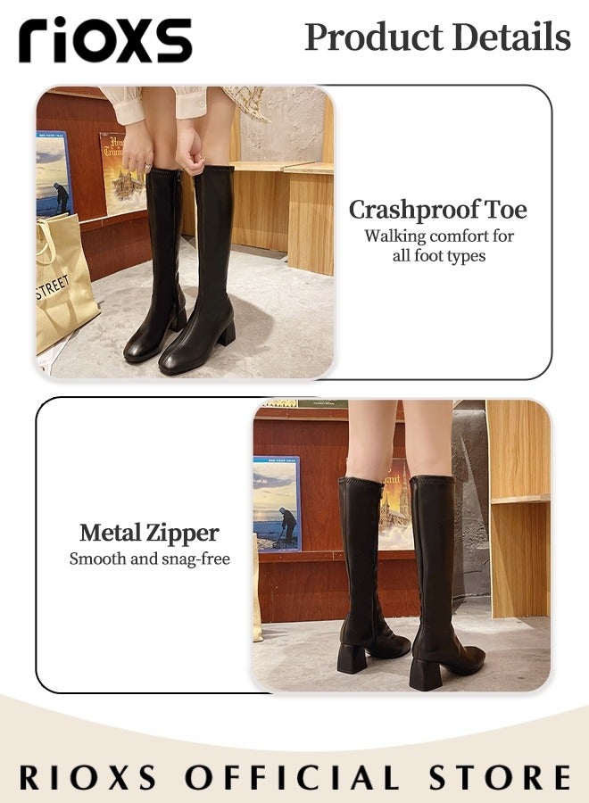 Women's Knee High Boots Fashion Solid Color Chunky Heel Boots for Women Square Round Toe Side Zipper Long Boots in Fall and Winter