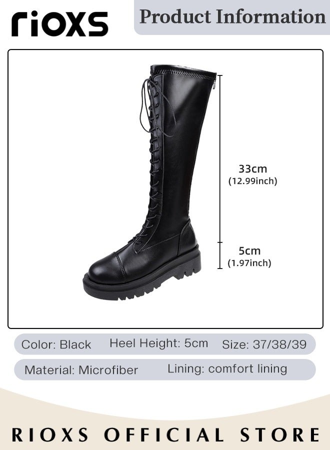 Women's Over The Knee High Boots Ladies Fashion Casual Leather High Elastic High Boots Side Zipper Lace Up Thick Mid-heel Rider Boots Long Tube Knee-Length Boots