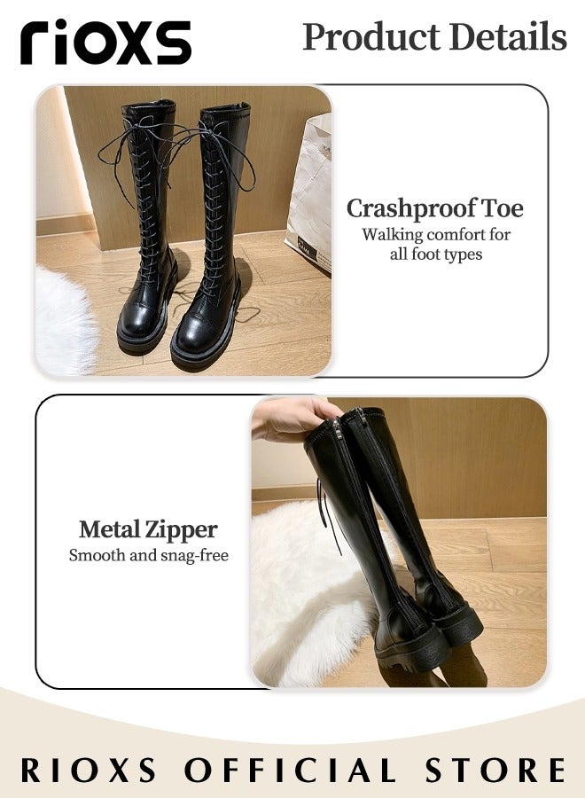 Women's Over The Knee High Boots Ladies Fashion Casual Leather High Elastic High Boots Side Zipper Lace Up Thick Mid-heel Rider Boots Long Tube Knee-Length Boots