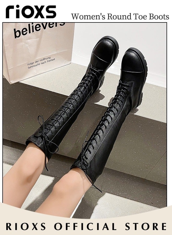 Women's Over The Knee High Boots Ladies Fashion Casual Leather High Elastic High Boots Side Zipper Lace Up Thick Mid-heel Rider Boots Long Tube Knee-Length Boots