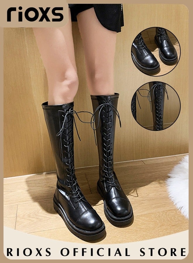 Women's Over The Knee High Boots Ladies Fashion Casual Leather High Elastic High Boots Side Zipper Lace Up Thick Mid-heel Rider Boots Long Tube Knee-Length Boots