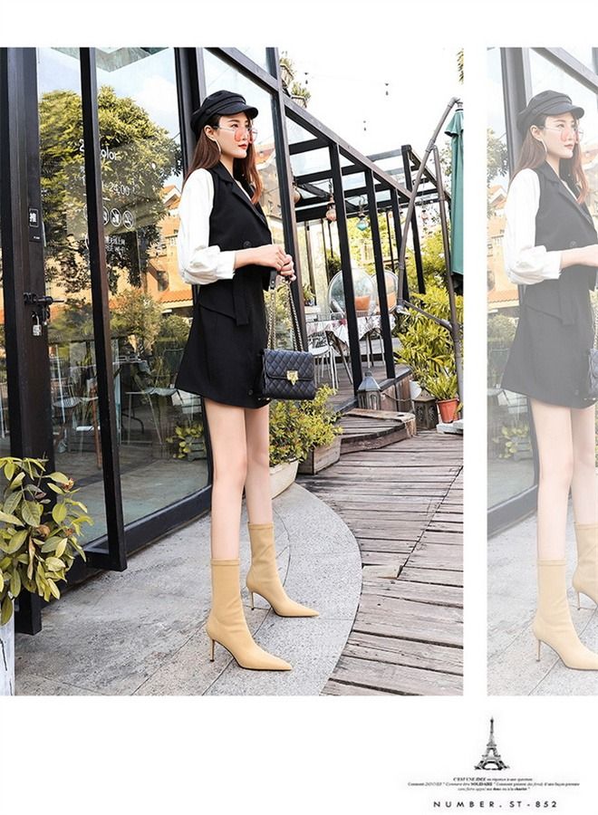 Stylish And Simple Slim Heel Pointed Boots 7.5CM Beige