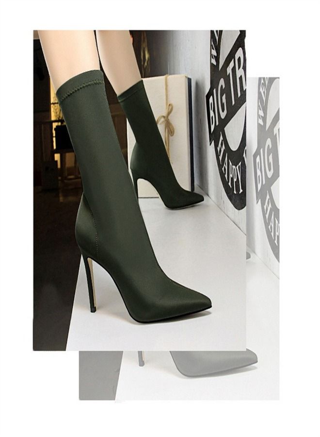 Simple Pointed High Heel Boots 10CM Green