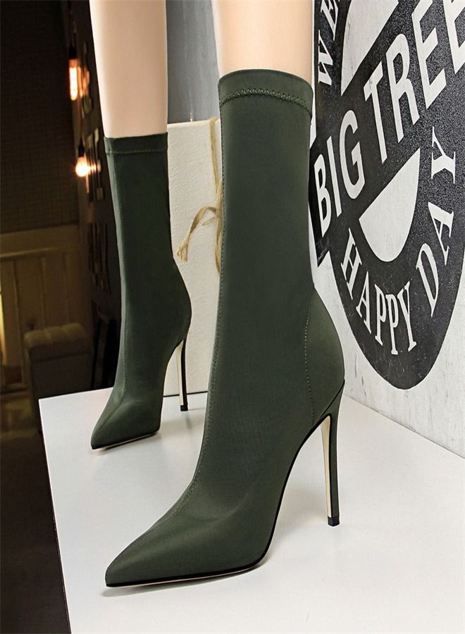 Simple Pointed High Heel Boots 10CM Green