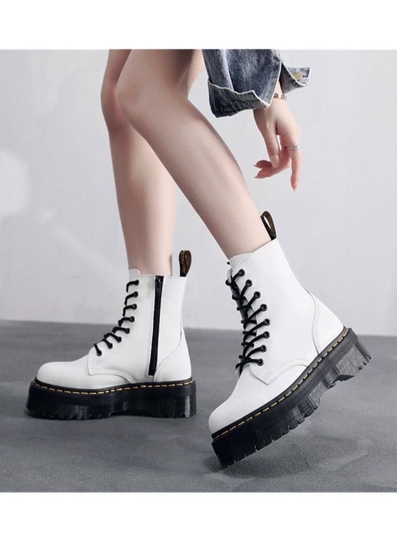 Thick Bottom Side Zipper British Women's Short Boots White