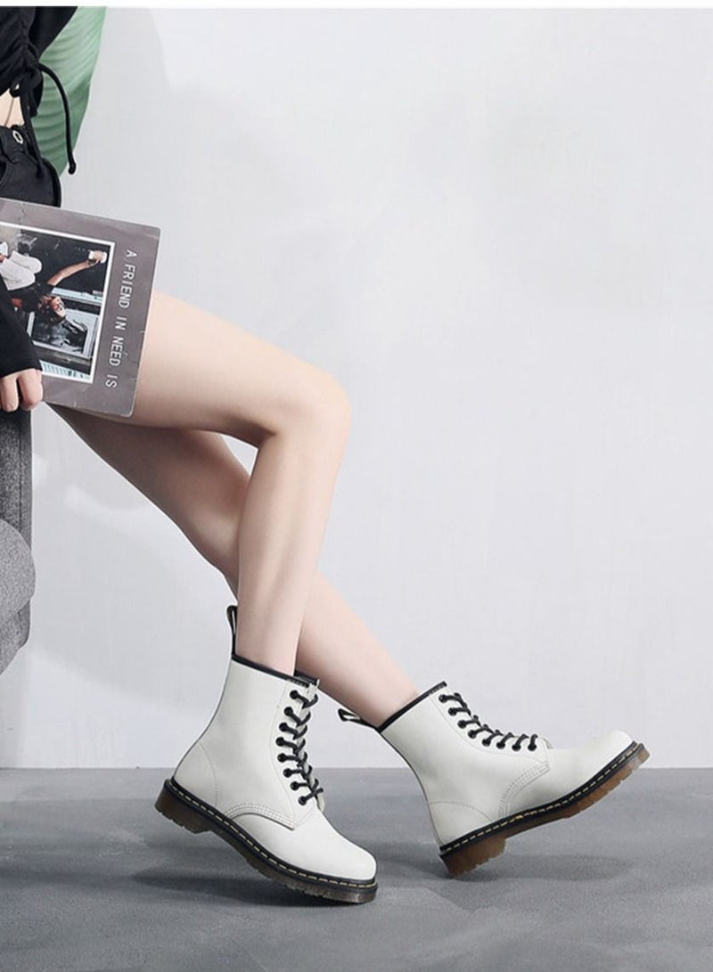 Hard Leather Men's And Women's Genuine Leather Short Boots White