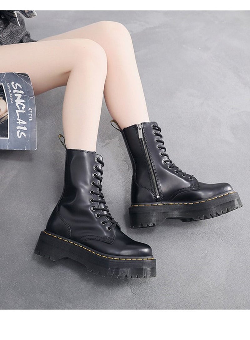 Thick Bottom 10 Hole Female Side Zipper British Style Martin Boots Black