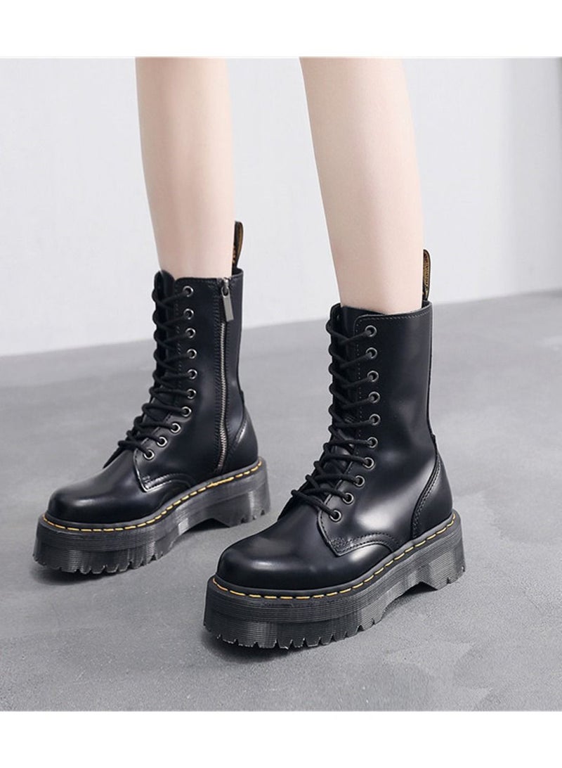 Thick Bottom 10 Hole Female Side Zipper British Style Martin Boots Black