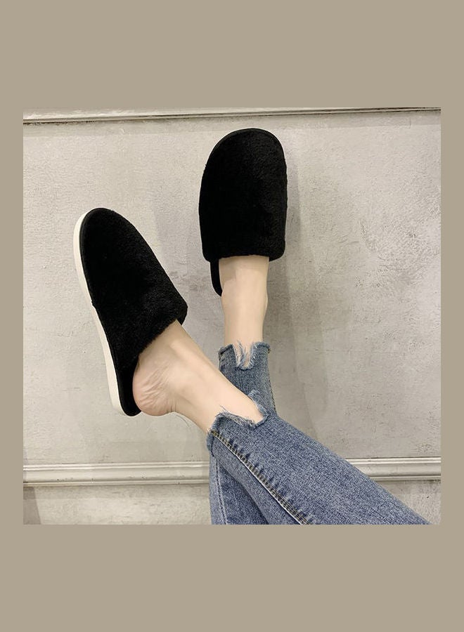 Solid Fluffy Indoor Slippers Black