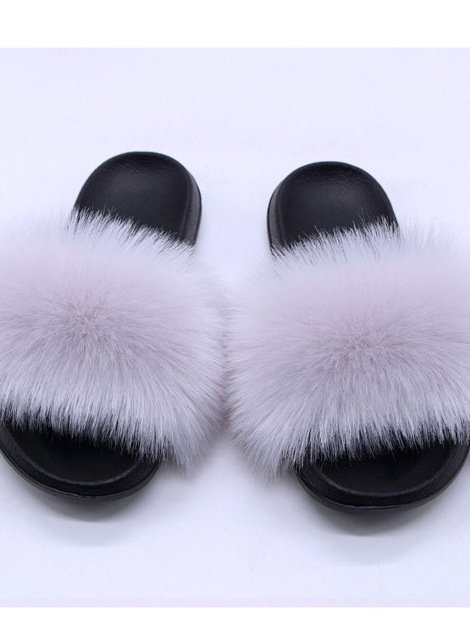 Stylish Women Faux Fur Open Toe Flat Slippers Sandals Non Slip Homewear Shoes