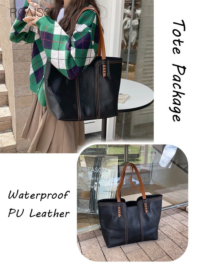 Pu Leather Large Capacity Tote Bag Fashionable Retro Large Capacity Shoulder Bag Soft Leather Contrast Design Handbag