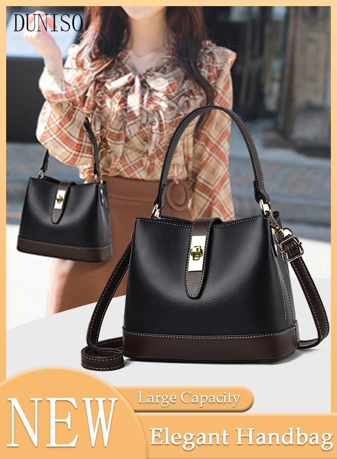 Bucket Bag For Women Faux Leather Shoulder Handbag with Detachable Strap Large Capacity Waterproof Tote Bag Crossbody Bag Elegant Shoulder Bag for Girl Friend Wife Mother