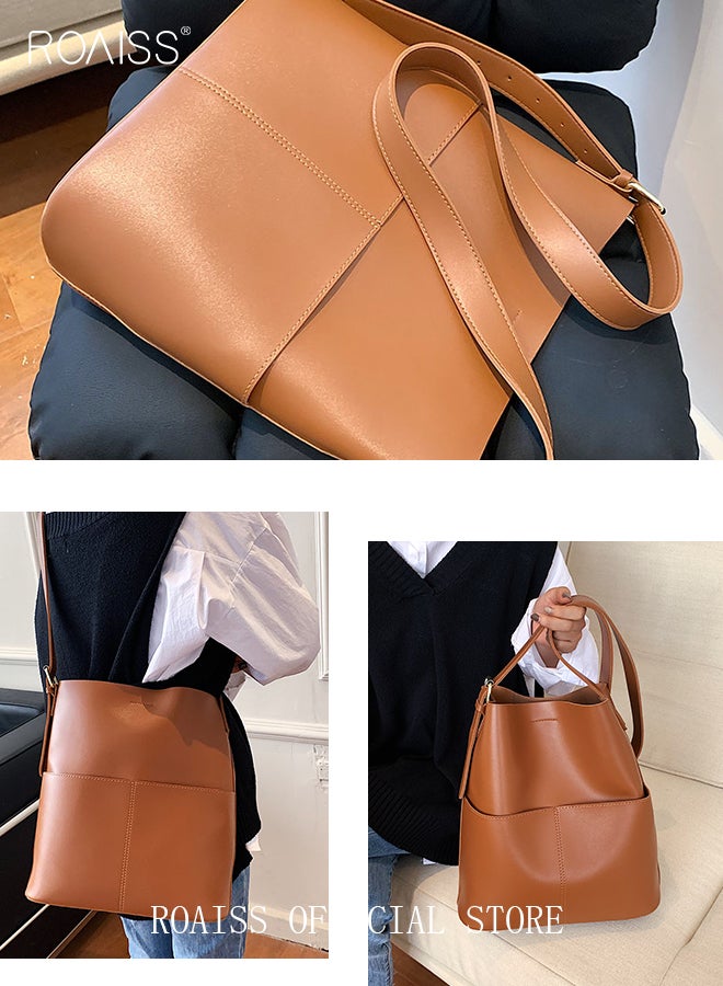 Women PU Leather Shoulder Bag Large Capacity Fashionable and Versatile Crossbody Bag Casual Daily Shoulder Bag Bucket Bag