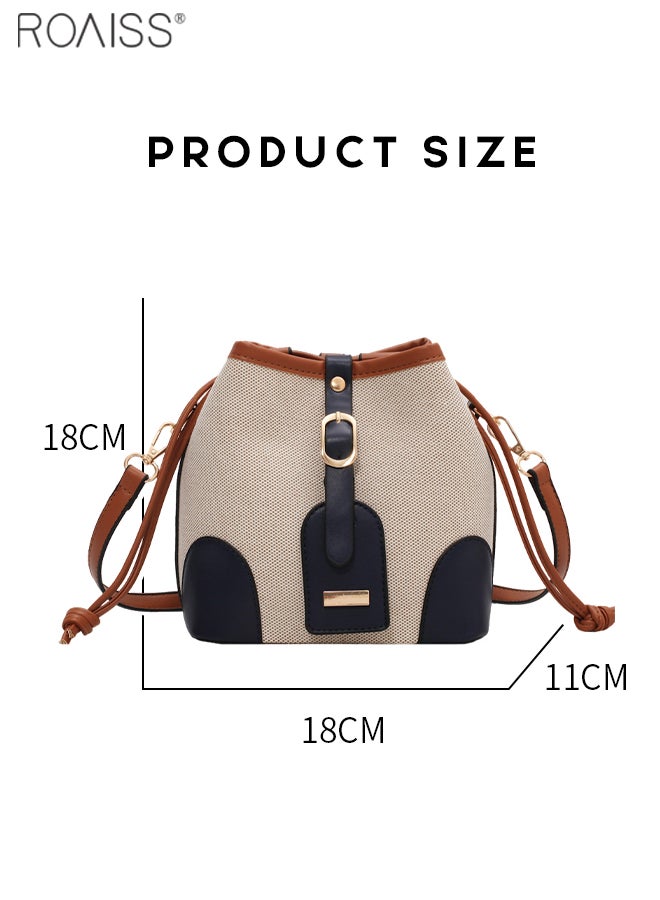 Women's Canvas Pu Leather Patchwork Bucket Crossbody Bag Large Capacity Drawstring Design With Adjustable Shoulder Strap Shoulder Bag