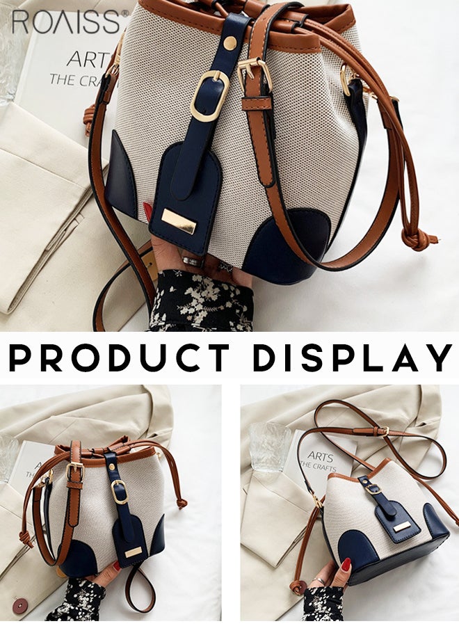 Women's Canvas Pu Leather Patchwork Bucket Crossbody Bag Large Capacity Drawstring Design With Adjustable Shoulder Strap Shoulder Bag