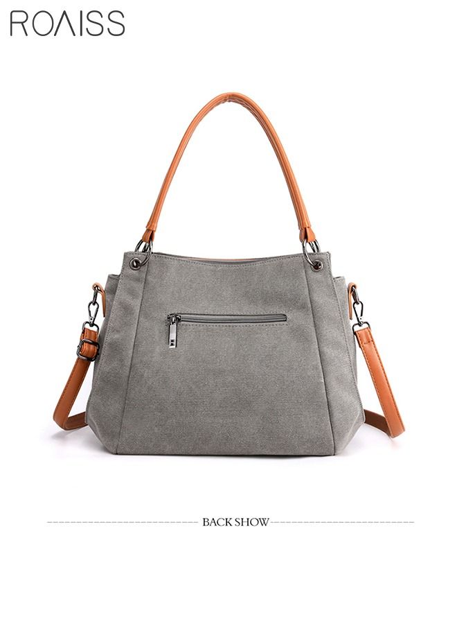 Large Capacity Shoulder Tote Bag Casual Canvas Handbag Crossbody with Long Strap Multi Pocket for Young Women Teenagers School Shopping Grey/Orange