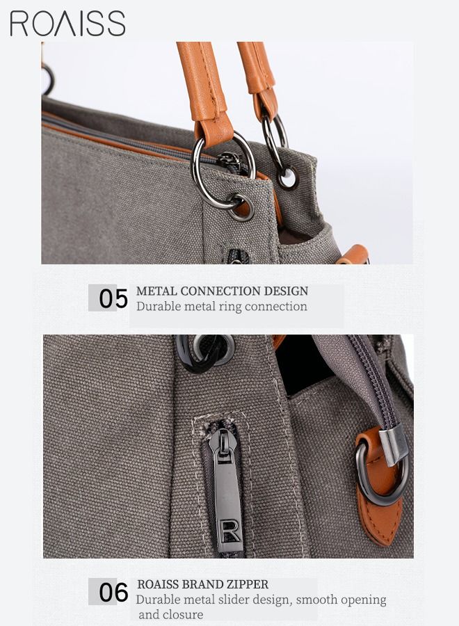 Large Capacity Shoulder Tote Bag Casual Canvas Handbag Crossbody with Long Strap Multi Pocket for Young Women Teenagers School Shopping Grey/Orange