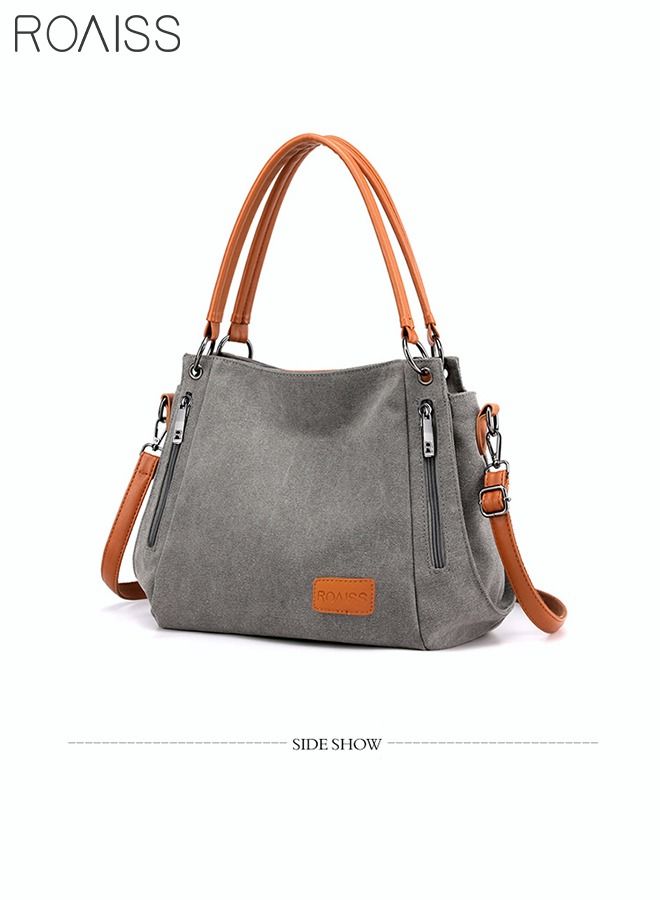 Large Capacity Shoulder Tote Bag Casual Canvas Handbag Crossbody with Long Strap Multi Pocket for Young Women Teenagers School Shopping Grey/Orange