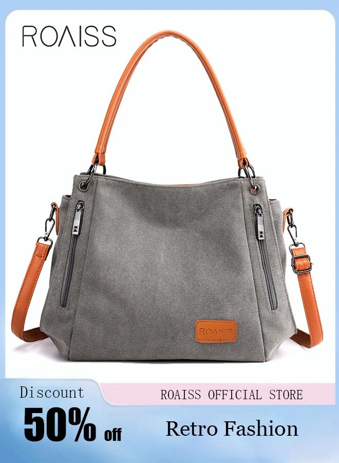 Large Capacity Shoulder Tote Bag Casual Canvas Handbag Crossbody with Long Strap Multi Pocket for Young Women Teenagers School Shopping Grey/Orange