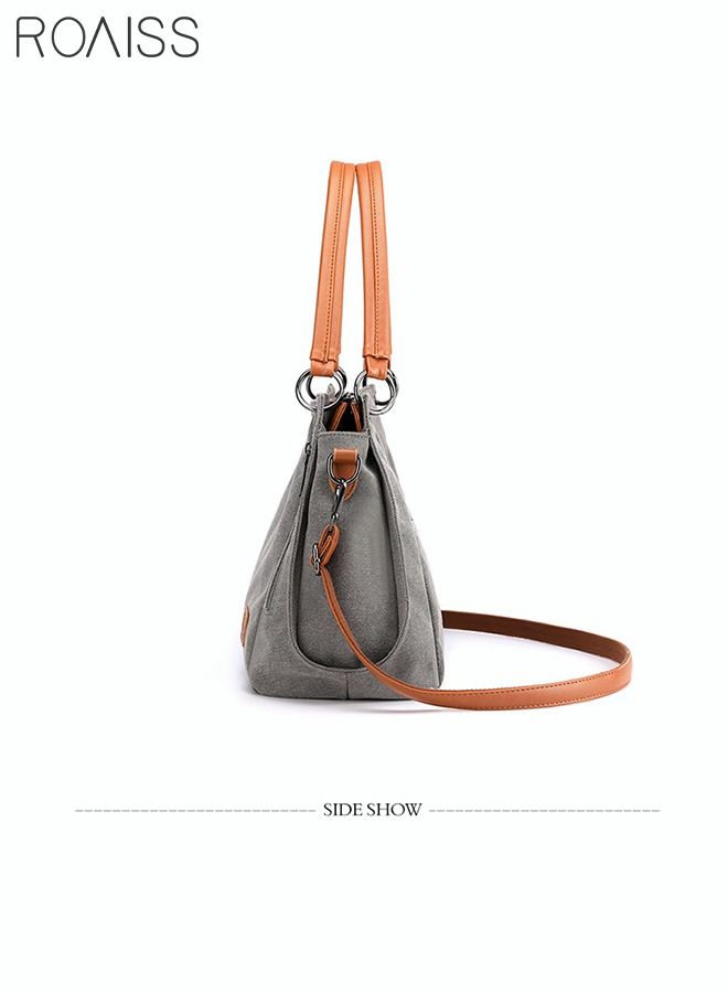 Large Capacity Shoulder Tote Bag Casual Canvas Handbag Crossbody with Long Strap Multi Pocket for Young Women Teenagers School Shopping Grey/Orange