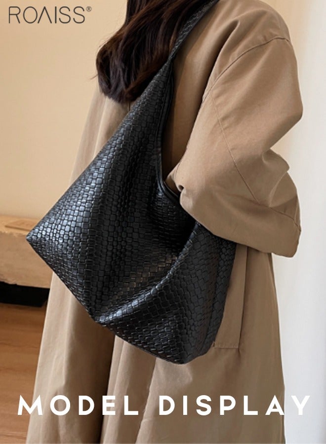 Women's Fashionable Pu Leather Woven Texture Tote Bag Casual Versatile Large Capacity Underarm Bag Inner Matte And Scratch Resistant Casual Handbag