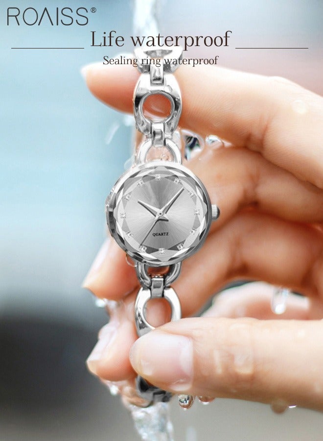 Women's Skeletonized Bracelet Quartz Watch, Analog Display Round Silver Dial Watch with Rhinestones Decoration, Waterproof Elegant Watch as Gift for Women