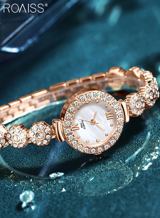 2PCS Women's Alloy Strap Bracelet Watch Set Analog Display Round Dial Quartz Watch with Heart Bracelet Decorated with Rhinestones Elegant Watch Set as Gift for Ladies Rose Gold