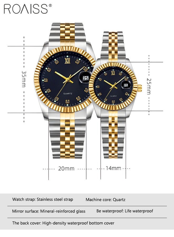 Stainless Steel Strap Couple Quartz Watch Set, Analog Display Round Dial with Rhinestones Decoration, Luxurious Luminous Waterproof Calendar Watch Gift for Men Women