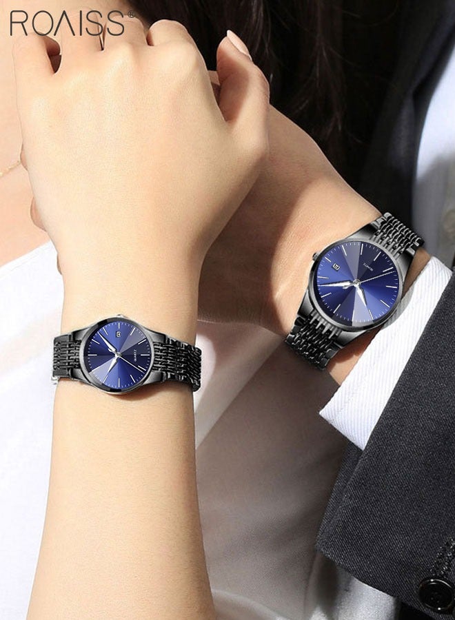 Alloy Strap Couple Quartz Watch Set, Analog Display Round Dial, Luxurious Luminous Waterproof Calendar Watch Gift for Men Women, Black Blue