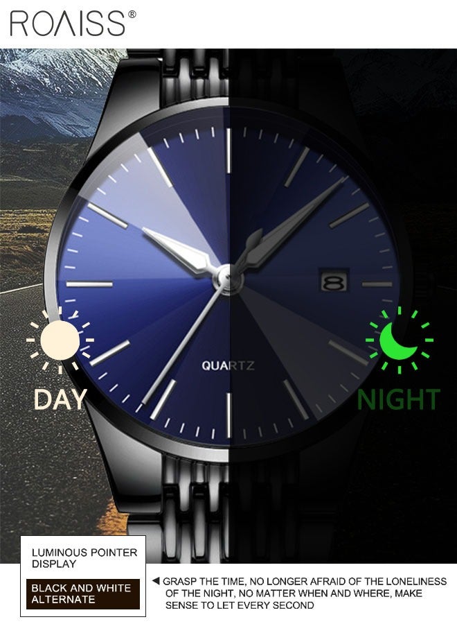 Alloy Strap Couple Quartz Watch Set, Analog Display Round Dial, Luxurious Luminous Waterproof Calendar Watch Gift for Men Women, Black Blue