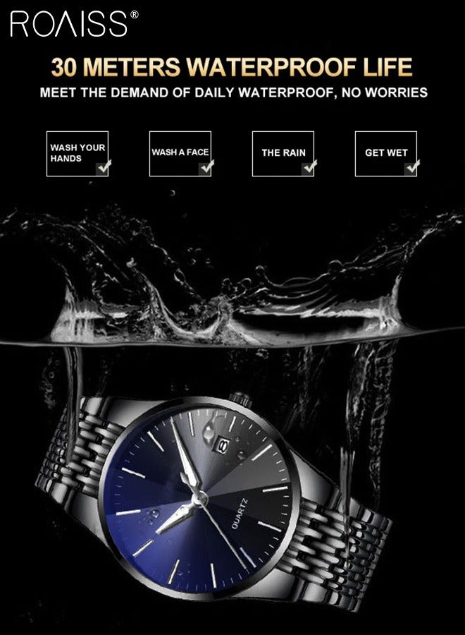 Alloy Strap Couple Quartz Watch Set, Analog Display Round Dial, Luxurious Luminous Waterproof Calendar Watch Gift for Men Women, Black Blue