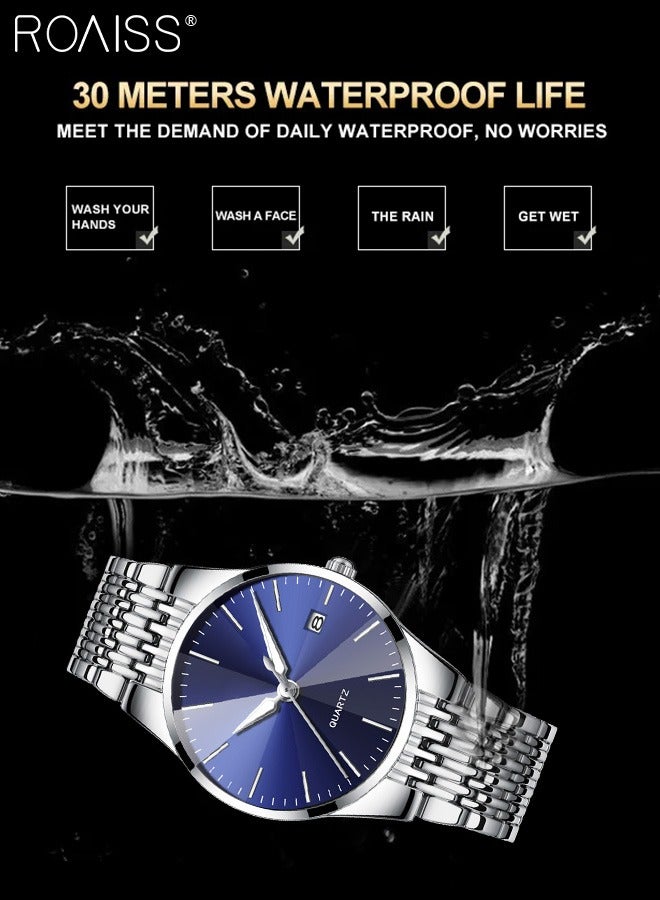 Alloy Strap Couple Quartz Watch Set, Analog Display Round Dial, Luxurious Luminous Waterproof Calendar Watch Gift for Men Women, Silver Blue