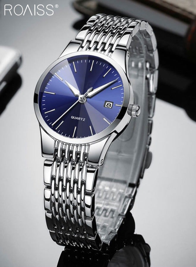 Alloy Strap Couple Quartz Watch Set, Analog Display Round Dial, Luxurious Luminous Waterproof Calendar Watch Gift for Men Women, Silver Blue