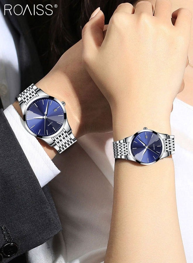 Alloy Strap Couple Quartz Watch Set, Analog Display Round Dial, Luxurious Luminous Waterproof Calendar Watch Gift for Men Women, Silver Blue