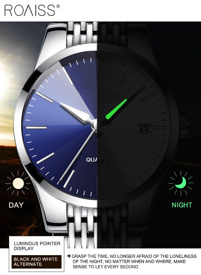 Alloy Strap Couple Quartz Watch Set, Analog Display Round Dial, Luxurious Luminous Waterproof Calendar Watch Gift for Men Women, Silver Blue