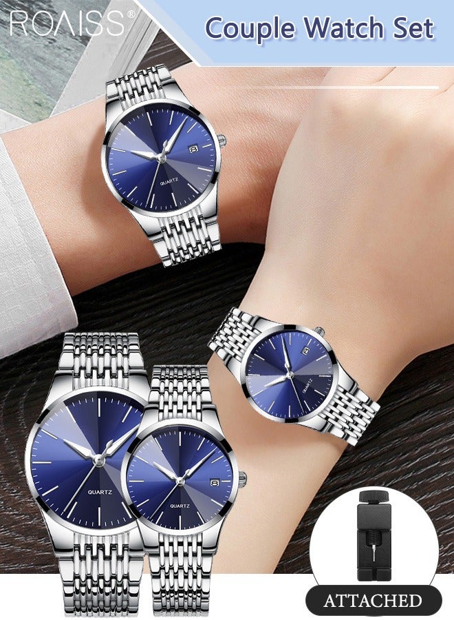 Alloy Strap Couple Quartz Watch Set, Analog Display Round Dial, Luxurious Luminous Waterproof Calendar Watch Gift for Men Women, Silver Blue