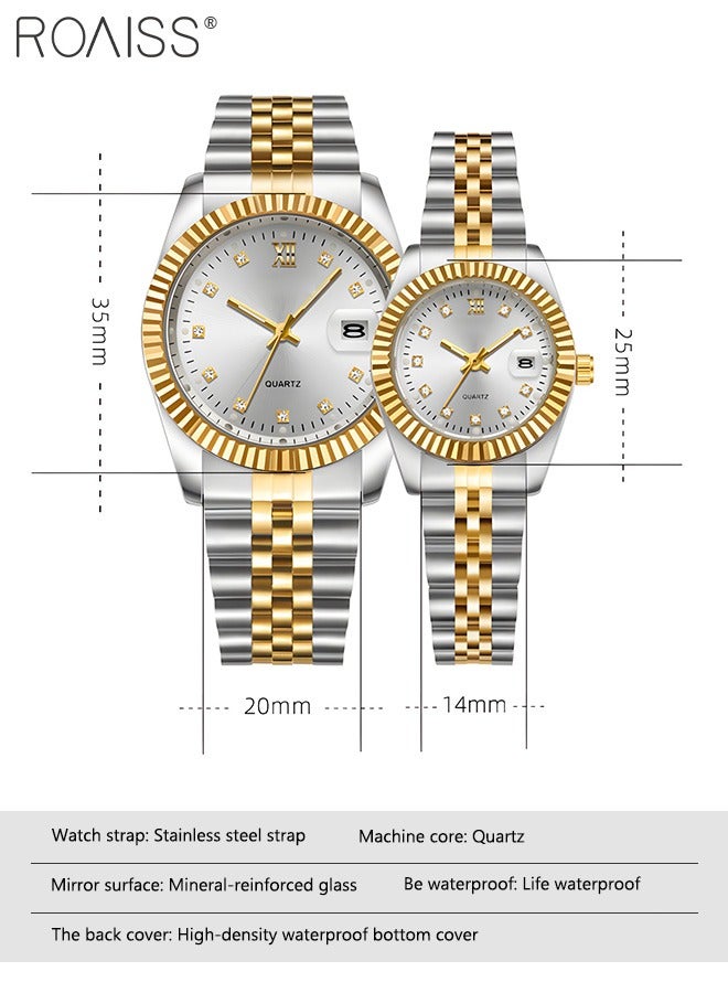 Stainless Steel Strap Couple Quartz Watch Set, Analog Display Round Dial with Rhinestones Decoration, Luxurious Luminous Waterproof Calendar Watch Gift for Men Women